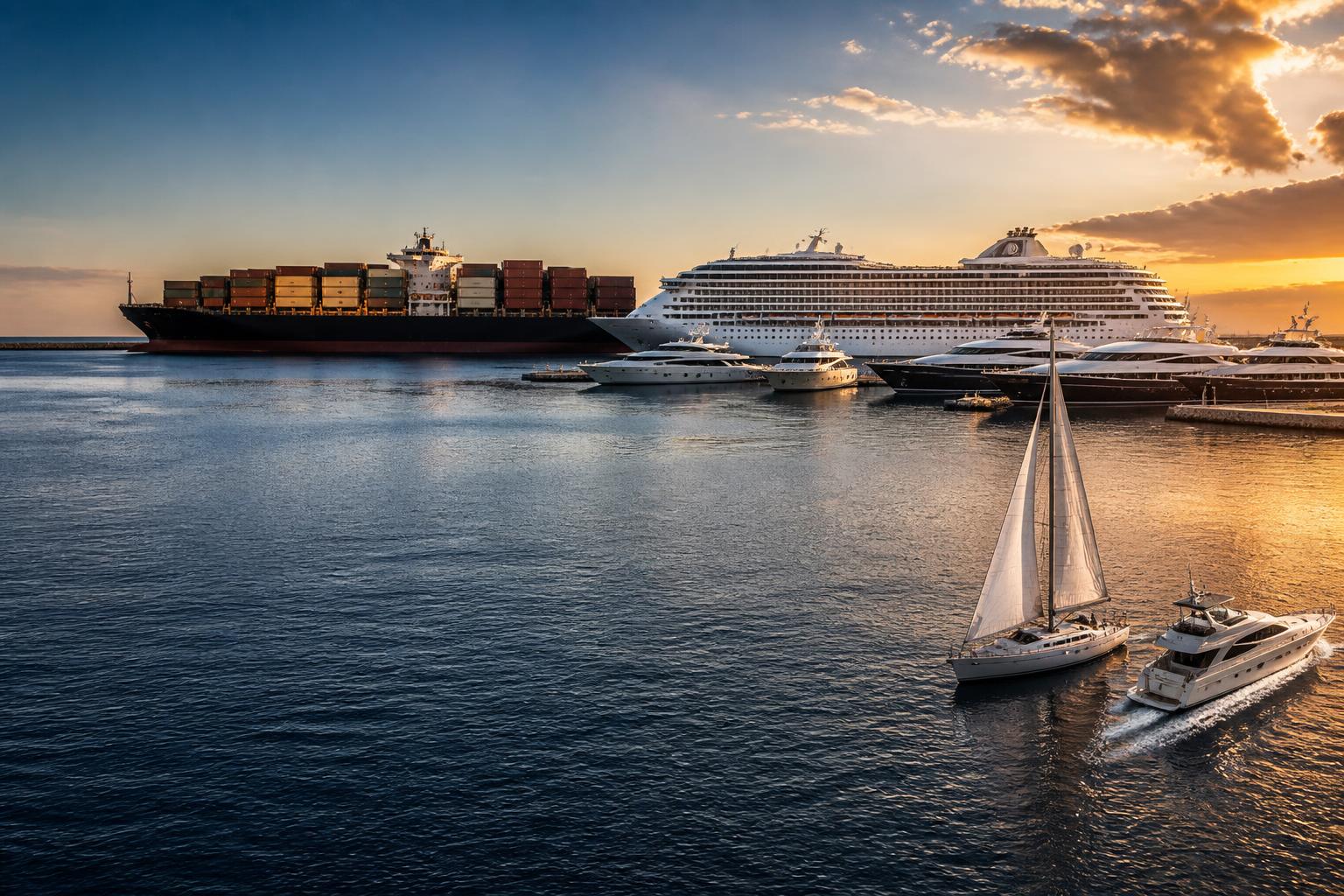 Frachtschiff, Kreuzfahrer, Megayachten, Segler und Motorboot auf dem Meer