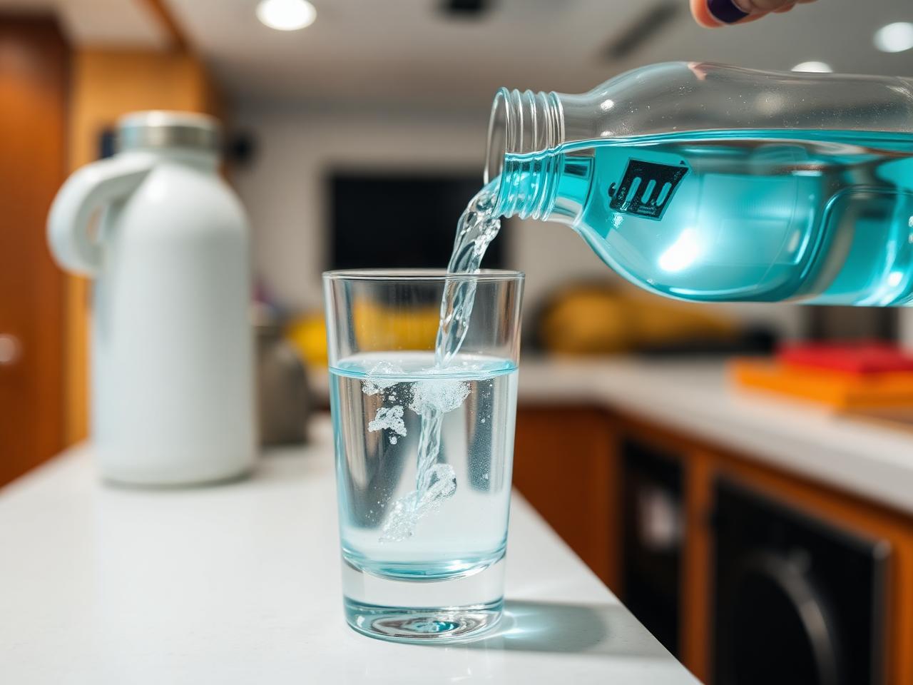 Klares Trinkwasser wird an Bord in ein Glas gefüllt